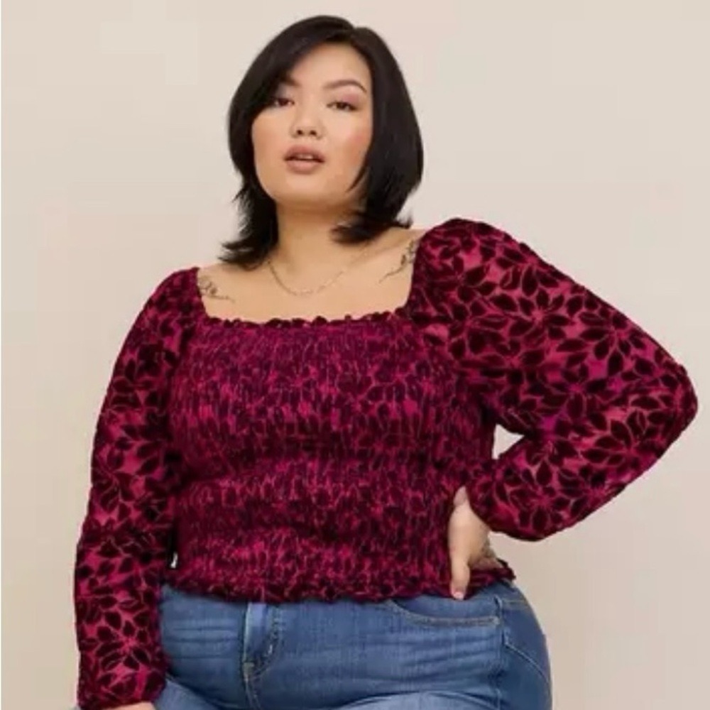 Torrid Cranberry Burnout Velvet Smocked Long Sleeve Crop Top Size‎ 2